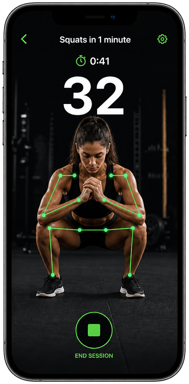 Squats counted by Camera AI in PrimalCore